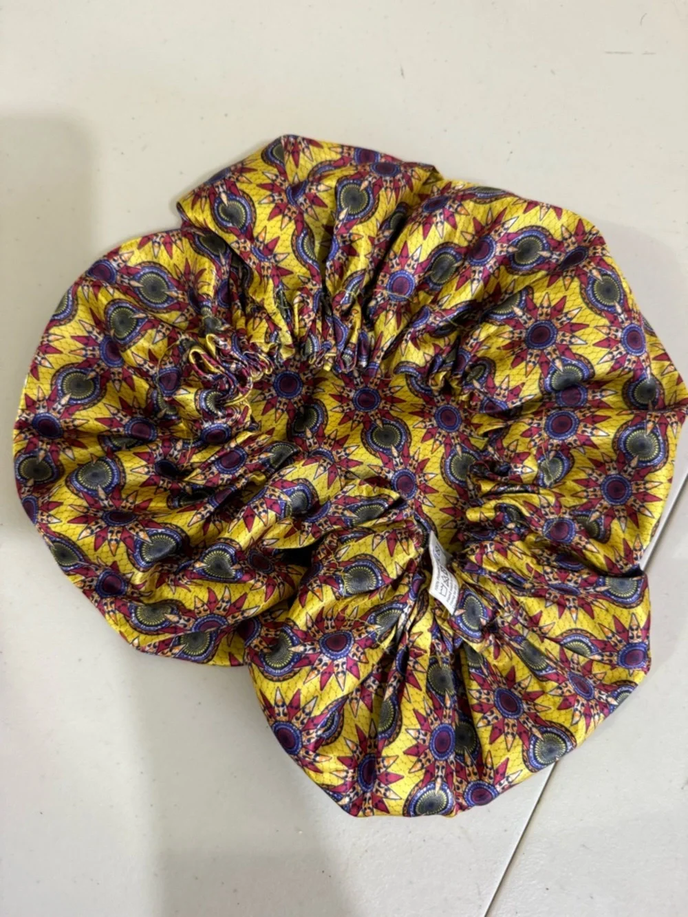 TRUBEAUTY Yellow Patterned Satin Hair Bonnet with Elastic Edge